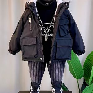 Winterjas voor Jongens - Zwart-Witte Capuchonjas met Rits, Fleece-Gevoerde Warme Bovenkleding voor Kinderen, Losse Pasvorm, Machinewasbaar, Winterjas