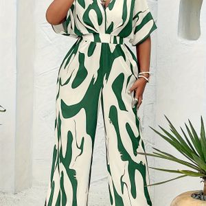Vrouwen Plusmaat Tropisch Print V-hals Jumpsuit – Elegante Korte Mouw Wijdbeens Ontwerp voor Lente en Zomer Vakanties, Groen & Beige Camouflage , Lichtgewicht Polyester Stof