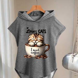 Women's Casual " Cats, I " Graphic Hoodie - Black Short Sleeve Pullover With Cartoon Cat & , Spring/summer Fashion, Coffee Lover Gift| |lightweight Hoodie