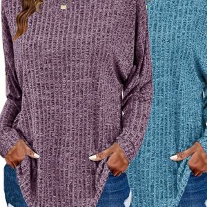 Plus Size, 2-delige Plus Size , Kleur Ronde Hals Losse Lange Mouwen Basislaag Tops