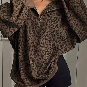 Plus Size, Dames Plus Size Mode Veelzijdige Luipaardprint Rits-Up Lange Mouwen Trui