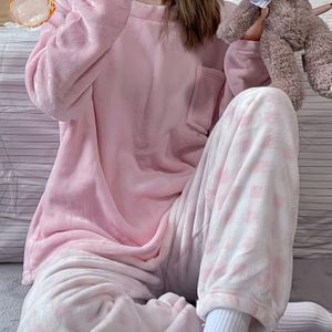Winter Warm Pyjama Set, Vrouwen Casual Loungewear met Zakken, Lange Mouw, Ronde Hals, , Perfect voor Tieners, Thuis Ontspanning, Ontspanningskleding|Casual Loungewear| Set