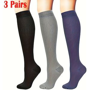3 Pairs Unisex Compressie Sportsokken - Knie-, Ademend Nylon, Support voor Hardlopen, Wandelen & Training - Zwart, Grijs, Marineblauw - Geschenk voor Fitness Enthusiasten, Compressie Socks