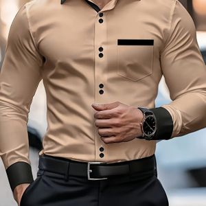 Elegant Color-Block Herenoverhemd | Niet-Rekbare Stof, Lange Mouwen, Reverskraag, Knoopdetails, Geschikt voor Lente/Herfst