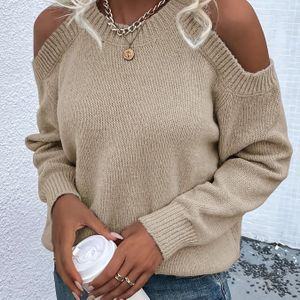 Dames Off-Shoulder Trui met Lange Mouwen - Zachtroze Ronde Hals Pullover, Warme Lente/Herfst Trui voor Dagelijkse & Formele Outfits, Chique Dameskleding voor Dag