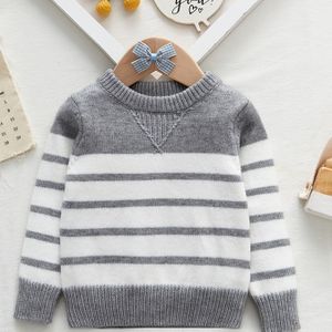 Unisex Gestreepte Gebreide Trui - Dikke Warme Lange Mouwen Ronde Hals Casual Wintertrui voor Herfst & Winter, Grijs-Witte Strepen, Schattige Sweaters, Kwalitatief Comfortabel Materiaal