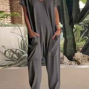 Dames Casual V-hals Jumpsuit met Zakken - Losse Pasvorm, Korte Mouwen, Grijs, Perfect voor Casual Kleding, Jumpsuit | Relaxed Fit Jumpsuit | Glad Textuur Stof