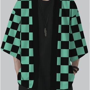 Heren Casual Kimono Shirt met Ruitprint - Groen & Geblokt , Korte Mouw, Knoopsluiting, Lichtgewicht Zomer Streetwear voor Cosplay & Casual Kleding, Kimono Stijl, Duurzame Stof