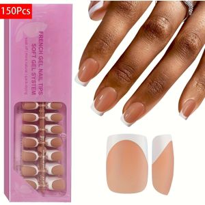 150 stuks Franse glanzende nageltips, korte vierkante roze en witte press-on nagels in 15 maten, duurzame nepnagels, -in-een gecoate voor DIY vrouwen nageldecoratie acryl nagels.