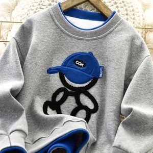Jongens' Trendy Tweekleurige Sweatshirt met Geborduurd Baseballpet Ontwerp - Casual Ronde Hals, Lange Mouwen, Polyester Blend, Lente/Herfst Mode Top, Casual |Speels Ontwerp|Polyester Blend