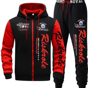 Heren Hoodie met Letterprint en Sportief Hardloop Tweedelige Casual Pak | RISKROLE, Polyestervezel, Lange Mouw, Lente/Herfst Seizoen