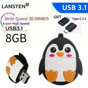 LANSTEN 8GB 16GB 32GB 64GB 128GB USB 3.1 Flash Drive Schrijfsnelheid 30-55MB/S Schattige Pinguïn Geheugenstick met USB3.1 naar TYPE-C Adapter