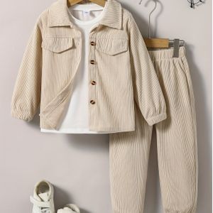 2- Jongens Ribfluwelen Outfit, Shirt & Jas & Broek Set, Casual Lange Mouwen Top, Kinderkleding voor Lente Herfst Winter, Klep Kraag, Elastische Taille, Perfect voor Buiten