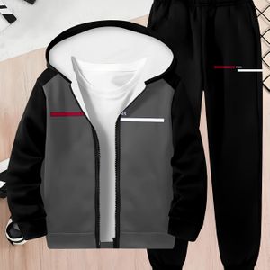 Jongens 3D Print Hooded Zipper Vest & Joggingbroek Set - Casual Sportkleding met Lange Mouwen en Rode Accenten, Medium Stretch Stof, Regular Fit, Lente/Herfst Collectie, voor Buiten, Joggingbroek