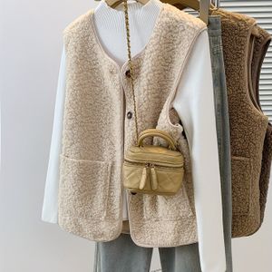 Dames Licht Beige Mouwloze Vest | Zachte Stijl, Enkelrijig, Ronde Hals, Zakdetail, Niet-Rekbare Stof, Essentieel voor Lente/Herfst