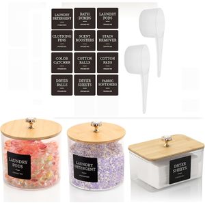 Wasmiddelcontainer voor waspods, wascontainers voor waskamerorganisator, opslagset voor waspods wasmiddelpoeder 2 potjes en 1 drogerlakenhouder met deksel, kanisters