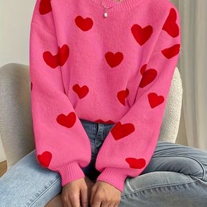 Dames Chic Roze Hart Trui - Lange Mouw, Ronde Hals, Kleurblok Ontwerp voor Lente/Heren, Casual Elegante Dracht | Chic Casual Top | Stijlvol Contrast Detail