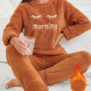 Dames Pluchen Pajama Set - Casual Crew Neck Lange Mouw Geweven Alfabetpatroon - Winter Warm Teddy Fleece Lounge Slapenwear, Polyester Knit Stof, Geen Riem, Overtrek Top en Lange Broek (2- Set)