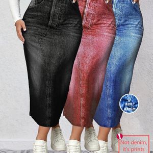 3- Plus Size Elegante Bodycon Rokken met Denim Print - Hoge Stretch, Slim Fit, Machinewasbaar