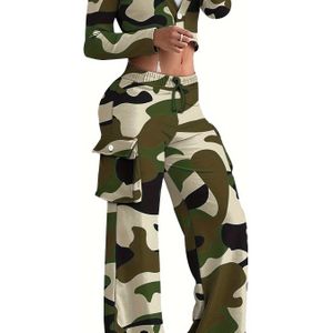 Casual Tweedelige Set Met Camouflageprint, T-shirt Met Lange Mouwen, Enkele En Klepzakken Met Trekkoord Broekenoutfits, Dameskleding