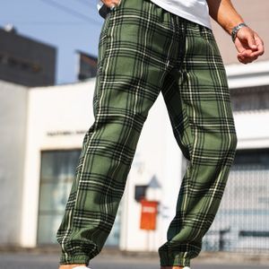 Heren Polyester Broek Casual Trekkoord Taille Sportbroek met Zakken - Losse Pasvorm Geweven Joggers met Riem - Weekend Casual Fashion Tartan Trainingsbroek