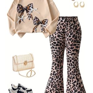 2-delige set: Coole Luipaardprint Strik 3D-strik Decor Lange Mouwen Top en Overal Flare Broek Outfit voor Meisjes, Eenvoudig Comfortabel Lente/Herfst Schoolkleding, Perfect voor Buiten