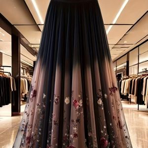 Vintage Franse Stijl | Herfst-Winter Bloemenprint Lange A-Lijn Rok met Fluwelen Drapering en Contrast Mesh Details