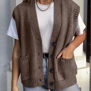 Plus Size Zakken Voorkant Cardigan, Casual Mouwloos Gebreide Cardigan, Vrouwen Plus Size Kleding