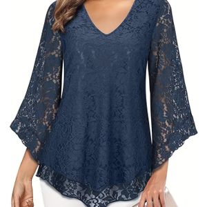 1pc Elegant V-neck Lace Bell Sleeve Blouse For Women, Polyester Stretch Fabric, Regular Length, Solid With Ruffle Detail, Pullover Style