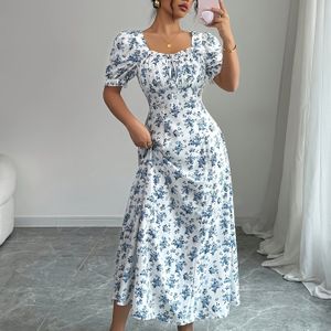 Elegante mini jurk met bloemenprint voor dames, met en pufmouwen - vierkante hals, perfect voor lente/zomer/herfst, casual kleding|Jurk met bloemenprint|Vierkante hals