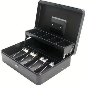 Iron Cash Box With Spring-loaded Bill Clips, 5 Compartment Cantilever Coin Tray, Mechanical Lock, And Convenient Stainless Handle - Security Cash Register Box With Key Lock
