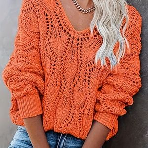 Dames Casual Crew Neck Sweater - Vibrant Orange, Lange Mouw, Eyelet Detail, Lichtgewicht & Ademend voor Lente/Zomer/Herfst, Herfst Truien | Trendy Truien | Lichtgewicht
