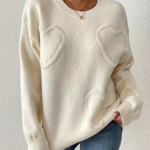 Stijlvolle Dames Hartvormige Pullover Trui - Zacht Beige, Lange Mouwen, Ronde Hals, Losse Pasvorm, Lente/Herfst Casual , Casual Trui | Elegante Pullover | Constructie, Trui Jurk