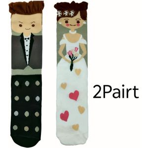 2-Paar Bruidspaar Matchende Sokken Set - Zwart/Wit/Roze met Schattige Strik & Ring/ Popachtige Enkelsokken voor Trouwgeschenken, , Valentijnscadeau - Wasmachinebestendige Outfits