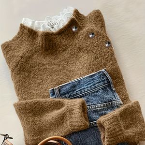 Herfst- en winter casual mode trui voor dames, streetwear met knopen, elegante kleur kant patchwork design lange mouwen opstaande kraag pullover Zomerzonnewende