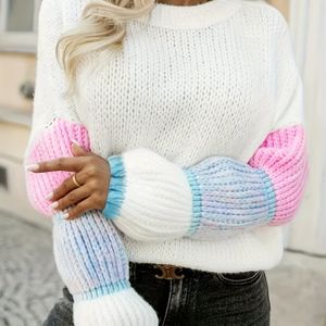 Dames Cozy Trui met Kleurblok Mouwen - Zachte Ronde Hals Pullover voor Herfst & Winter, Casual Stijl, Machinewasbaar, Winterkleding | Kleurblok Design | Constructie, Trui Jurk