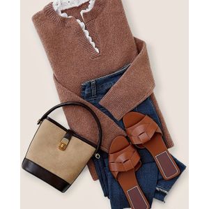 1pc Dames Casual Geribde Trui - Kleur Polyester Trui met Ronde Hals voor Herfst/Winter