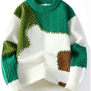 Heren Color-Block Brei Trui - Dikke Warme Winter Pullover met Ronde Hals, Geribbelde Manchetten & Koreaans Geïnspireerd Design, Casual Herfst- en Wintersweater, Kwaliteitsstof Constructie
