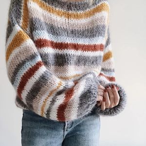 Vrouwen Casual Gestreepte Trui - Lange Mouw Ronde Hals Pullover met Meerkleurig Blokdesign, Zacht Duurzaam Stof voor Casual Kleding, Veelzijdige Top, Ademend Materiaal, Comfortabele Kleding