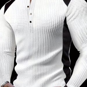 Heren herfst- en wintercontrastkleur wafelgebreid henley-shirt met lange mouwen, chique en stijlvolle tops voor buiten en sport, vrijetijdskleding