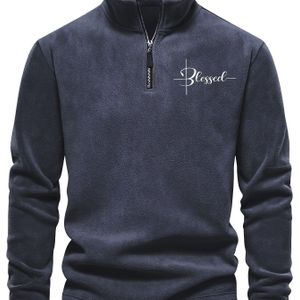 Herenvintage Fleece-gevoerde Henley Shirt met Half Rits, Geborduurd 'Blessed' Logo, Opstaande Kraag & Hoge Elasticiteit - Machinewasbare Casual Wintertrui voor Buitenactiviteiten