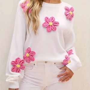 Elegante lange mouw trui met schattige bloemendecoraties, kleur, perfect voor Valentijnsdag - Alle seizoenen, damesmode