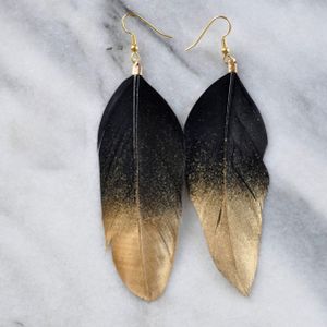 TEMU Elegante Zwarte & Gouden Veer Hangende Oorbellen - Lichtgewicht, Handgemaakt Kwastontwerp voor Vrouwen | Perfect Vakantiegeschenk, Bladvorm, Paar
