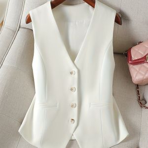 Solid V Neck Sleeveless Vest, Elegant Button Front Fake Pocket Vest, Women's Clothing
