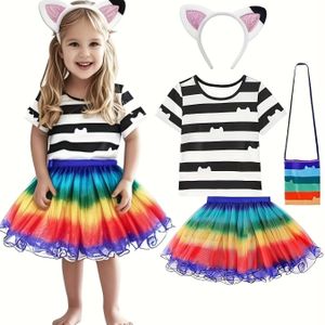 4- set Meisjes Zwart-Wit Gestreepte Kattenoor T-Shirt Regenboog Tutu Rok Set Meisjes Mode Outfit T-Shirt+Tutu Rok+Hoofdband+Tas Print Willekeurig, voor Buiten
