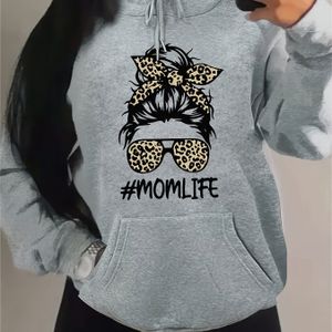 Stylish Women's Beige Hoodie With Leopard & Fashion Glasses Print - Casual, Loose-fit Polyester Sweatshirt With Drawstring & #momlife Graphic For All