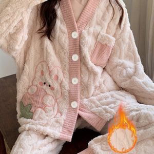 Gewatteerde damespyjama herfst en winter lange mouwen lange broek open voorkant geborduurd beeldzak schattig warm comfortabel casual loungewear set
