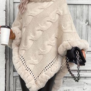 Kabel gebreide cape top met imitatiebont rand, elegante pullover gebreide top voor herfst en winter, dameskleding
