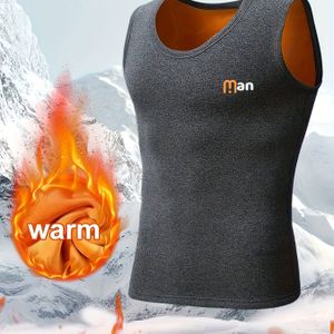 1pc Heren Thermische Fleece-gevoerde Tank Top, "MAN" Print, Herfst/Winter Warm Vest, Winddicht, Polyester 95% Elastan 5%, Gebreid , Medium Stretch, Atletische Basislaag, Dik