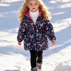 Meisjes Omkeerbare Vlinderprint Hoodie - Gezellige Fleece-gevoerde, Winddicht & Warm voor Herfst/Winter Uitjes, Casual, Dik, Tailleontwerp, Geschikt voor School